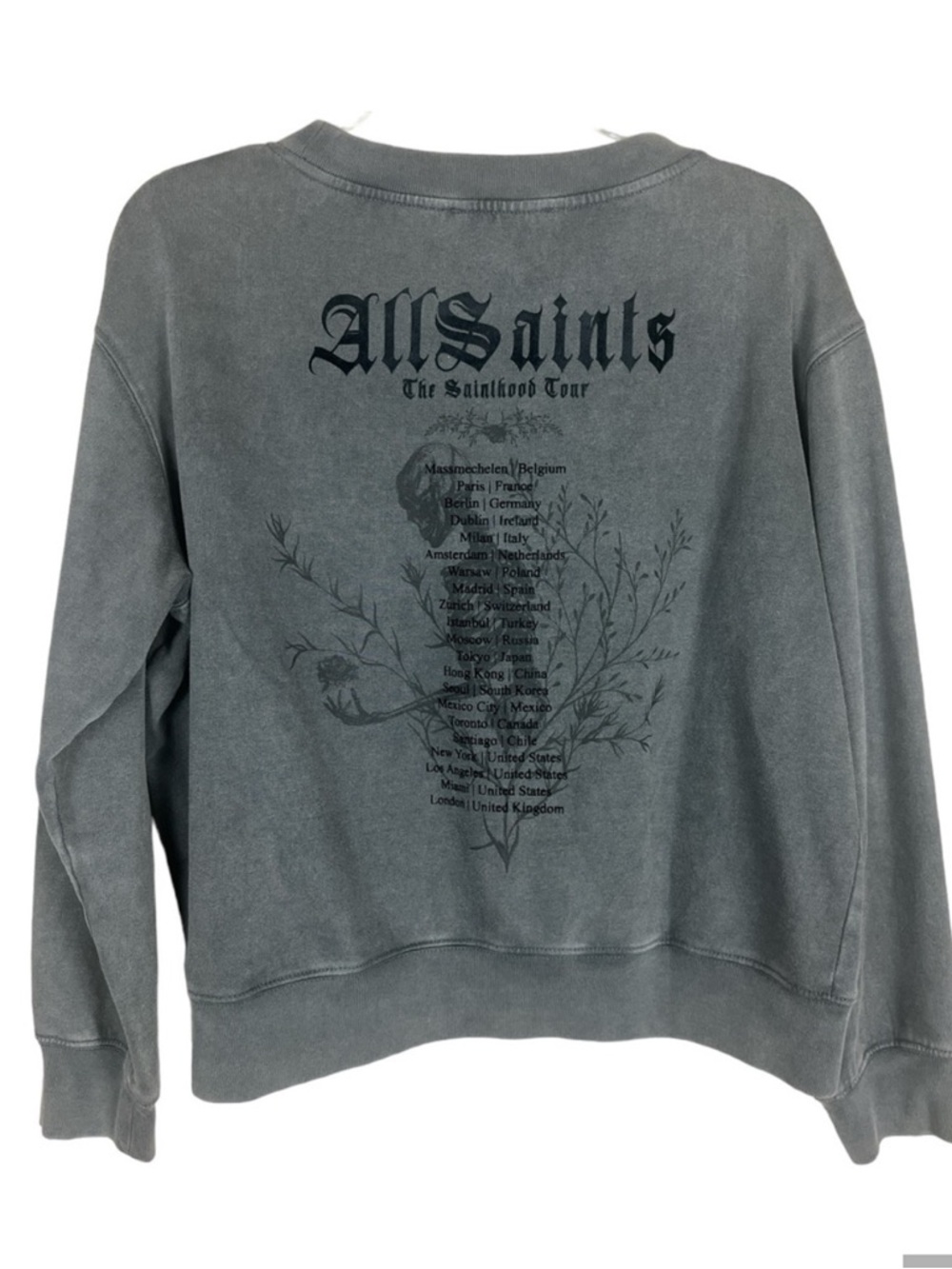 AllSaints Washed Charcoal Gray Graphic Back Crew Sweatshirt - Picture 2 of 4